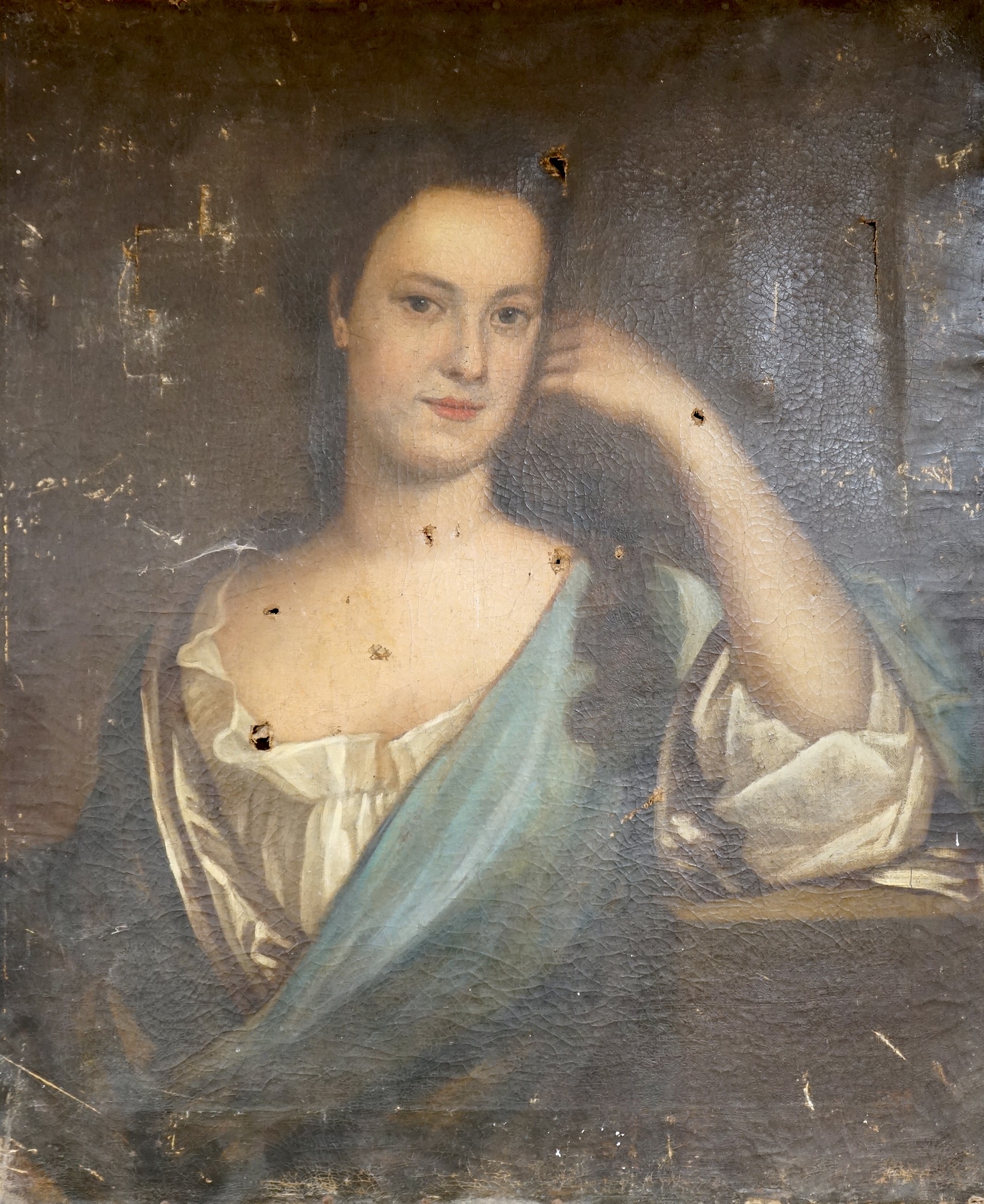 Manner of Michael Dahl (Swedish, 1659-1743), oil on canvas, portrait of a lady, unframed, holes to canvas, a.f, 76 x 65cm